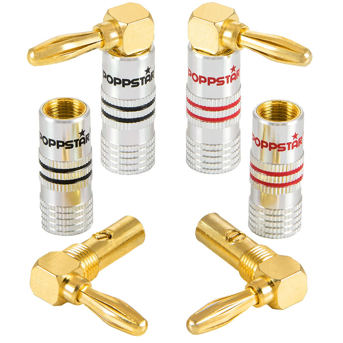 Комплект кутових бананових роз'ємів Poppstar High End (12 шт), 24K позолочені контакти, до 6 мм², чорні та червоні