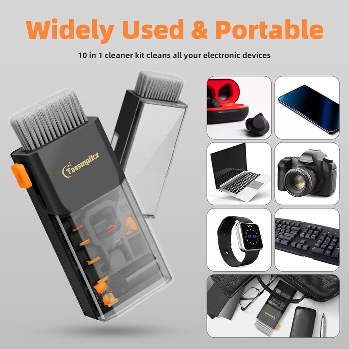 Набір для чищення клавіатури та електроніки, 6-в-1: клавіатура, ноутбук, iPhone, iPad, камера, AirPods. Компактний набір з спреєм та щіткою для екранів. Чорний колір
