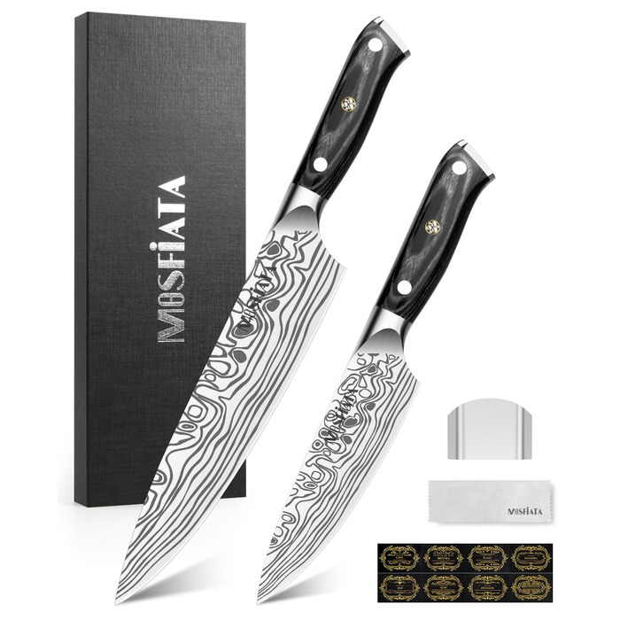 Ніж Santoku MOSFiATA 18 см, кухонний ніж з нержавіючої сталі EN 1.4116, дерев'яна ручка, набір 2 шт.