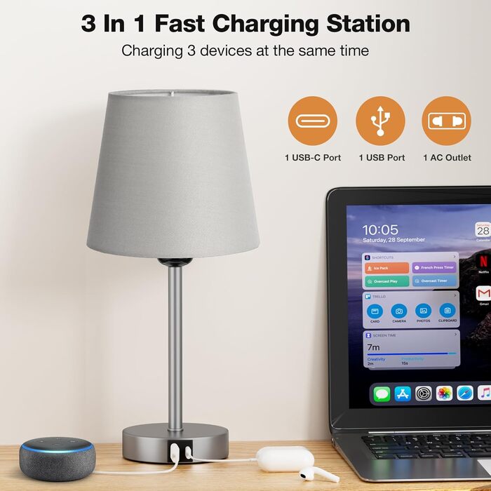 Настільна лампа Kakanuo з торшером, 2 шт. з USB-портами та диммуванням, для спальні, вітальні, дитячої кімнати, офісу (сірий)