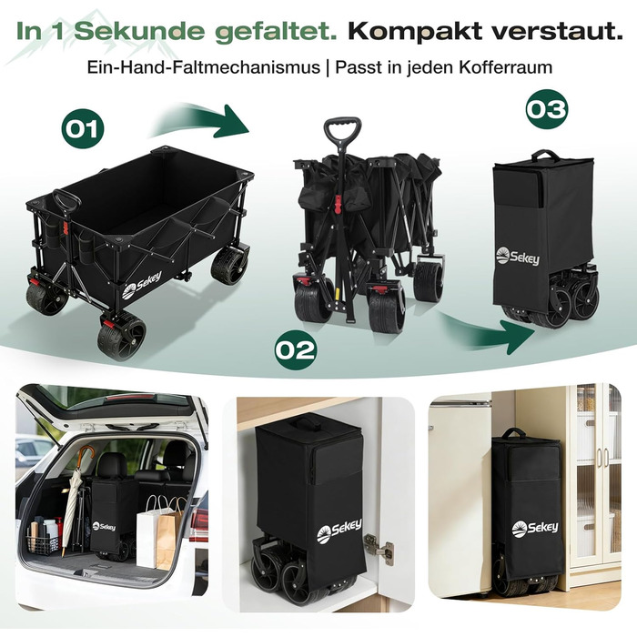 Універсальний складаний візок Sekey XXL Plus 200L/200кг з гальмами та широкими колесами для бездоріжжя (чорний, колеса 10 см)