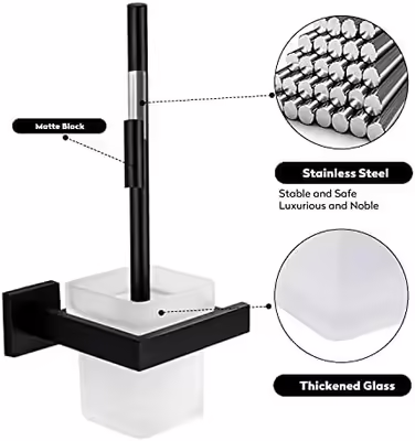 Toilet brush holder, black matte, wall-mounted toilet brush, stainless steel toilet brush holder set requiring drilling