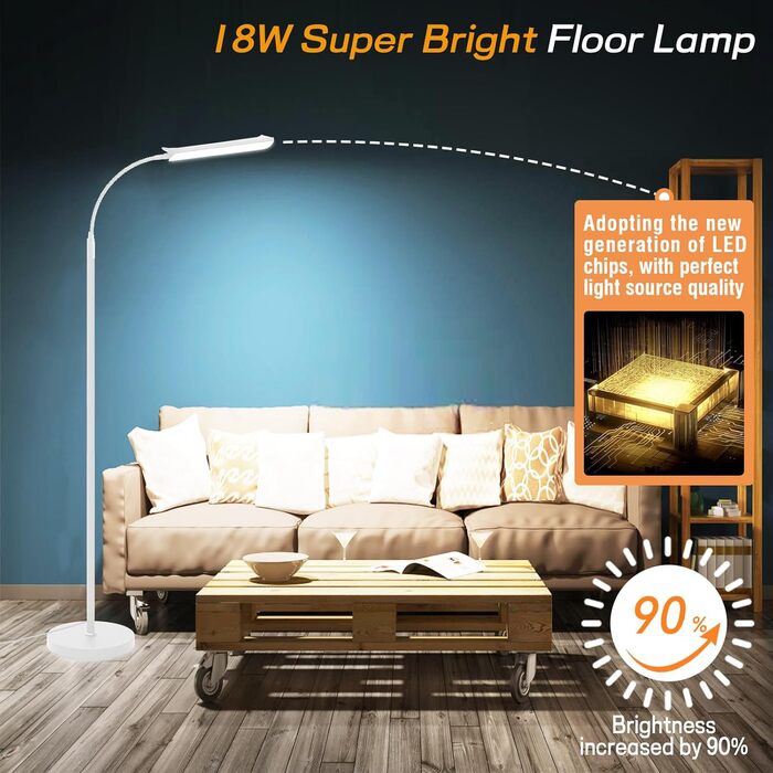 LED-стійка лампа Marctronic для вітальні, димерна, з пультом та сенсорним керуванням, 18W, 1800LM, сучасний дизайн, для офісу, спальні, біла