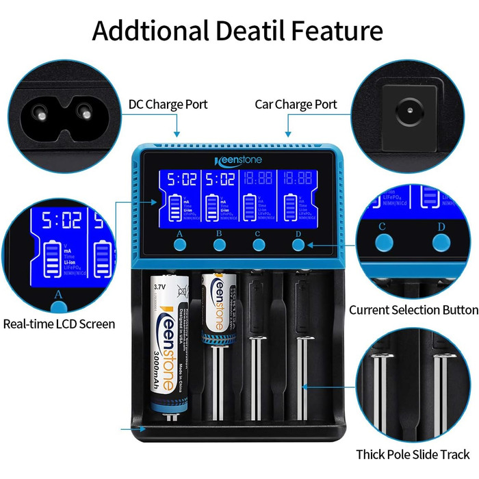Зарядний пристрій Universal для акумуляторів 18650, LCD Smart, 4 слоти, Ni-MH/Ni-Cd AA/AAA, Li-Ion/LiFePO4/IMR 10440-26650
