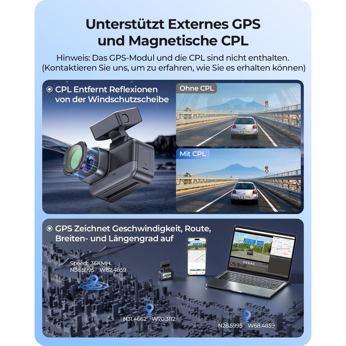 Відеореєстратор Krunia 2K WiFi Mini Dashcam Auto з GPS, CPL, WDR, Нічне Бачення, 24/7, Магнітне кріплення, Superkondensator, 170° Широкий Кут