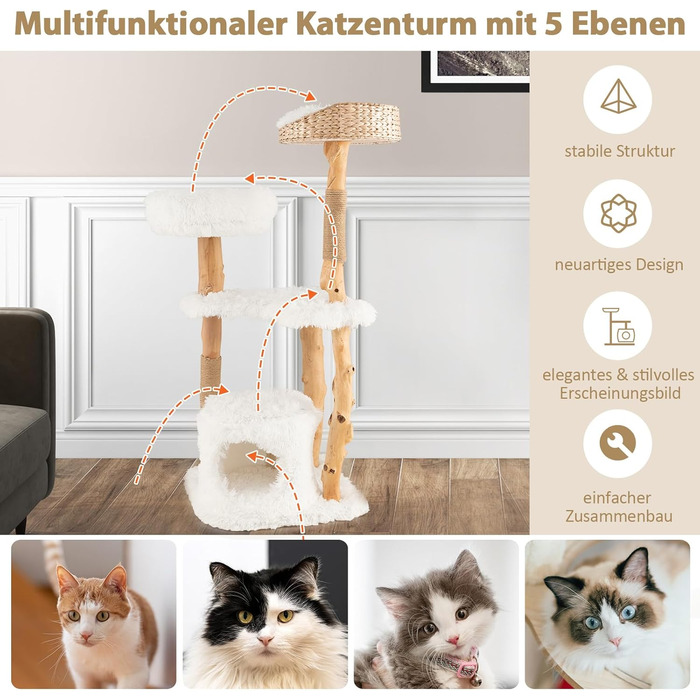 Кігтеточка для котів COSTWAY 124 см з будиночком, платформою та джутовими стовпчиками, з масиву дерева, біла