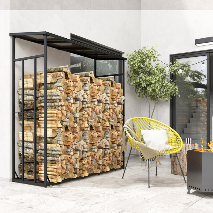 Стійка для дров Outsunny 185 x 62 x 184 см з водонепроникним покриттям – міцна металева конструкція чорного кольору для зберігання дров. Ідеально підходить для використання на відкритому повітрі та в приміщенні, витримує до 2000 кг. Бренд: Aosom
