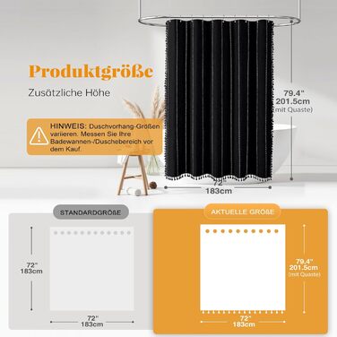 Шторка для душу BTTN 182 x 200 см, бохо-фермерський стиль, важка тканина, смугастий дизайн, бахрома, водовідштовхувальна, з вантажами, 12 гачків, чорно-біла, H200 x B180 см