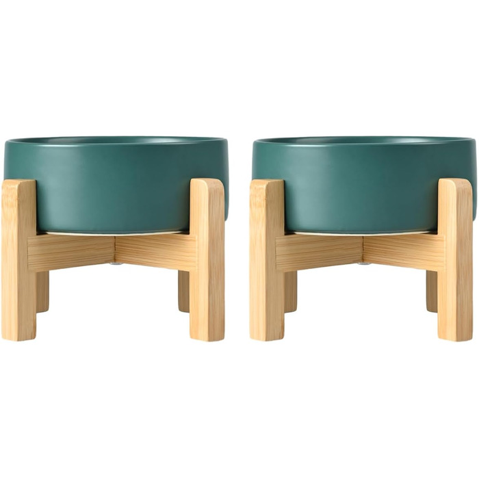 Набір мисок для корму для собак і котів SpunkyJunky з кераміки, піднятий на підставці з бамбука (2 шт. по 400 мл, зелений)