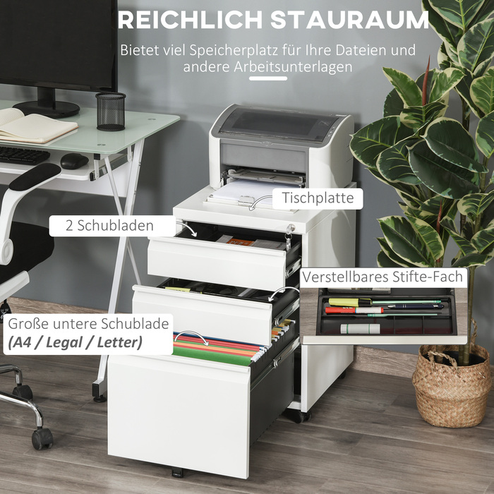 Vinsetto Rolling Storage Cabinet with 3 Drawers and Wheels, Compact Steel with Concave Handle, White 39x48x60cm