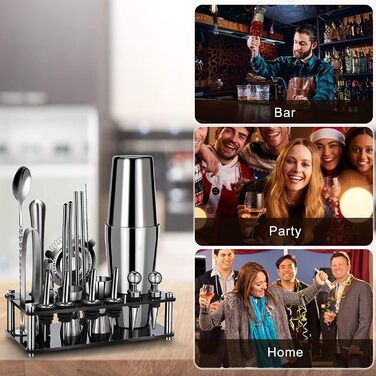 Cocktail Shaker Set, Boston Cocktail Shaker with Stand, 25pcs Bar Accessories Cocktail Mixer Supplies, 750ml Stainless Steel Cocktail Shaker Gifts, Cocktail Decor Bar Counter Pourer Spirits