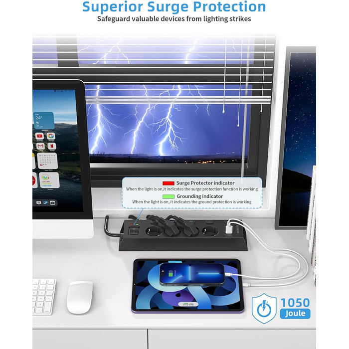 Мережевий фільтр Steckdoseleiste з індивідуальним керуванням, 5 розеток, настінний монтаж, захист від перенапруги 1050 Дж, для дому та офісу, кабель 2 м (4 розетки з USB, чорний)