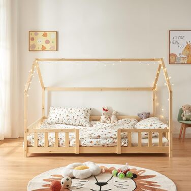 en.casa Kids Bed Sisimiut House Bed 140 x 200 cm with Side Rails Wooden Bed for Children Floor Bed Slatted Frame Pine Wood Wood Finish Wood 140x200cm