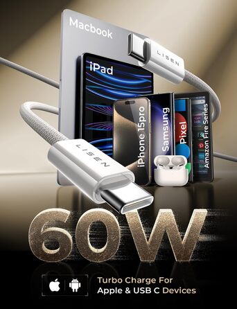 Набір USB-C кабелів LISEN 60W, [4 шт., 0,5м, 1м, 1м, 2м] для iPhone 17 Pro Max, Switch, Samsung Galaxy S25, MacBook, iPad, Xiaomi, Pixel (2м+2м, білий)