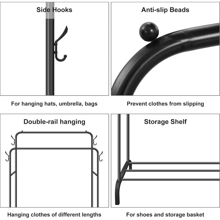 Metal Clothes Rack Clothes Stand Stable, Double Rod Durable with 1 Tier Shelf and 4 Side Hooks, Freestanding Clothes Rack, Multi-Purpose Organizer, Bedroom, Black
