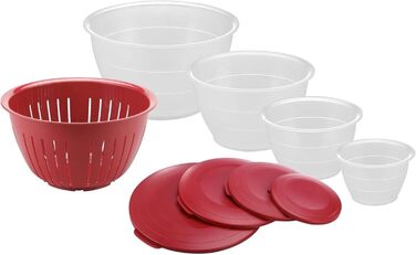 Westmark Bowl Set, 4 bowls including lids and colander, 9-piece set, capacity: 0.6/1.3/2.5/4.4 liters, plastic, BPA-free, Olympia, color: Transparent/Red, 2420226R