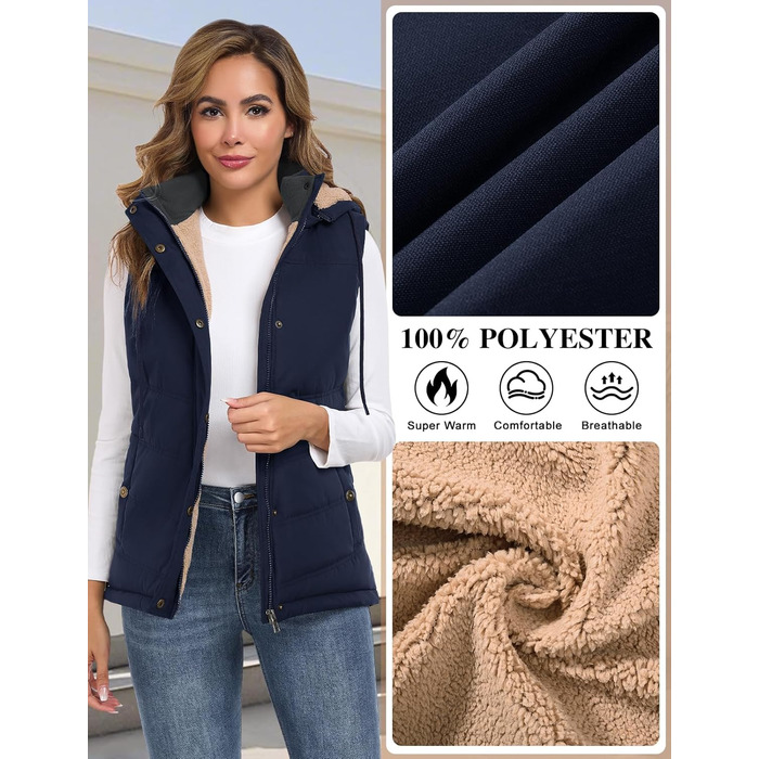 Жіноча степкова жилетка Tuopuda з капюшоном, флісова підкладка, тепла зимова куртка без рукавів, термо жилетка з коміром-стійкою, на блискавці, осінь/зима (темно-синій, XXL)