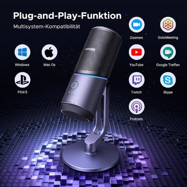 Мікрофон UGREEN для геймінгу та стрімінгу з RGB підсвічуванням USB, 24bit/96kHz, для ПК, PS5/PS4, запису, ноутбука