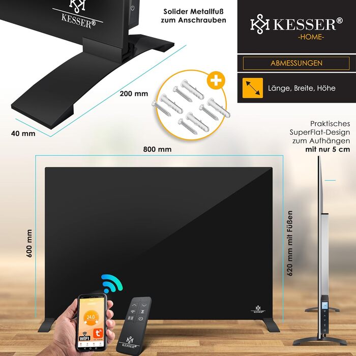 Інфрачервовий обігрівач KESSER® з функцією 2 в 1: підлоговий та настінний. Економний електрообігрівач з термостатом, датчиком відчинених вікон, пультом та керуванням через додаток (500W, чорний)