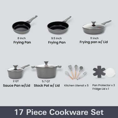 Набір посуду UCCLIFE 17 предметів: каструлі, сковорідки з антипригарним покриттям, керамічний набір, антипригарна сковорода, каструля, суповарка, безпечний, для індукційних плит, кухонний набір, сірий колір