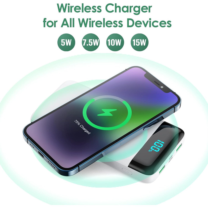 Бездротовий Power Bank 26800mAh 25W PD 3.0 + QC 4.0, зовнішній акумулятор з LCD-дисплеєм та підтримкою швидкої зарядки 15W, 4 USB виходи для iPhone, Samsung, Huawei, Oppo — Білий, Слім