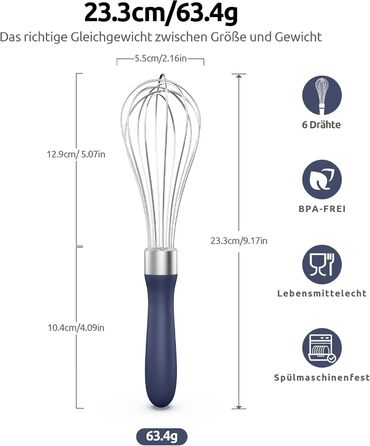 Міксер кухонний U-Taste, 30 см, нержавіюча сталь 18/10, 12 гнучких дротів, силіконовий грифель, для тіста та соусів, великий, колір: Місячна блакить