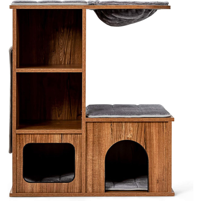 Кігтеточка для котів COSTWAY з будиночком та килимками, дерев'яний дім-кігтеточка, активний комплекс для котів 69x39x80,5 см, вінтажний стиль