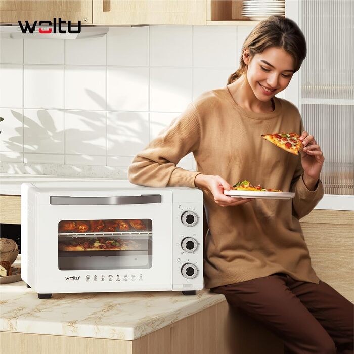 Міні-піч WOLTU 32 л, 1600 Вт, регулювання температури до 230°C, таймер, 5 режимів нагріву, з подвійним склом, з поворотним шампуром, деко, решітка-гриль, лоток для крихт, підйомник крихт, білий