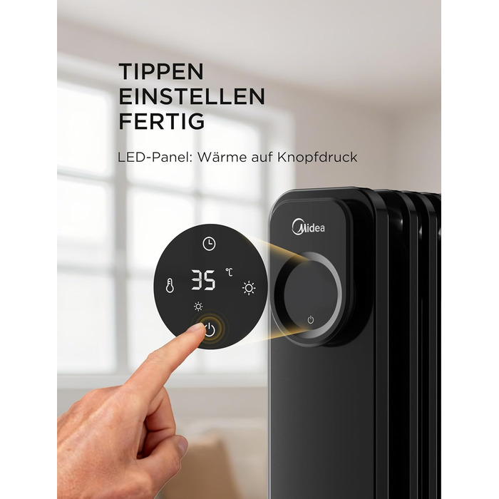 Електричний масляний радіатор Midea 2000W з 9 ребрами, термостатом та захистом від перегріву, тихий нагрівач для дому та офісу, чорний