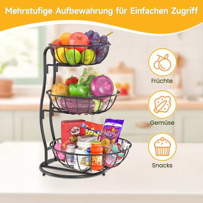 PouHenier 5-ярусная фруктова корзина для кухні, металева етажерка для фруктів та овочів, з тримачем для бананів, чорного кольору