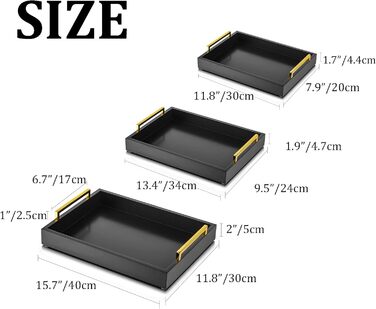 Hanobe Serving Tray Decor Tray Wood: Set of 3 Black Decorative Wooden Trays with Gold Handles Coffee Table, Rectangular Jewelry Tray, Bedside Table Tray, Modern Candle Tray, Coffee Decor Tray