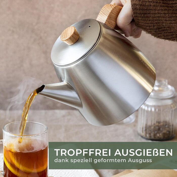 WALDWERK Teapot with Infuser - Teapot Thermal Double-Walled - Teapot with Strainer made of 304 Stainless Steel - Tea Maker with Genuine Oak Wood Handles - Tea Pot 100% Drip-Free