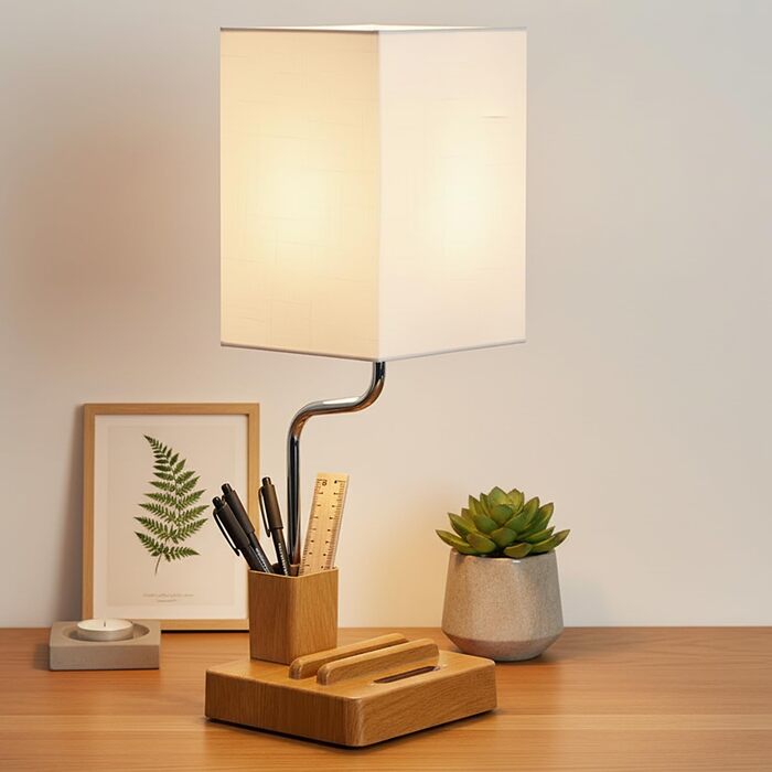 Настільна лампа світлодіодна OUTON 8000mAh бездротова з підставкою для ручок, акумуляторна, тканинний плафон, 3 режими світла, сенсорне керування, димування, індикатор заряду