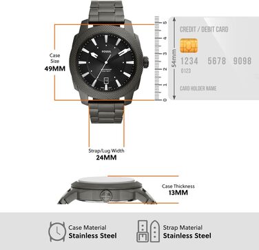 Годинник Fossil Machine для чоловіків: кварцовий, з датою, корпус 49 мм, чорний та темно-сірий, на сталевому або шкіряному ремінці