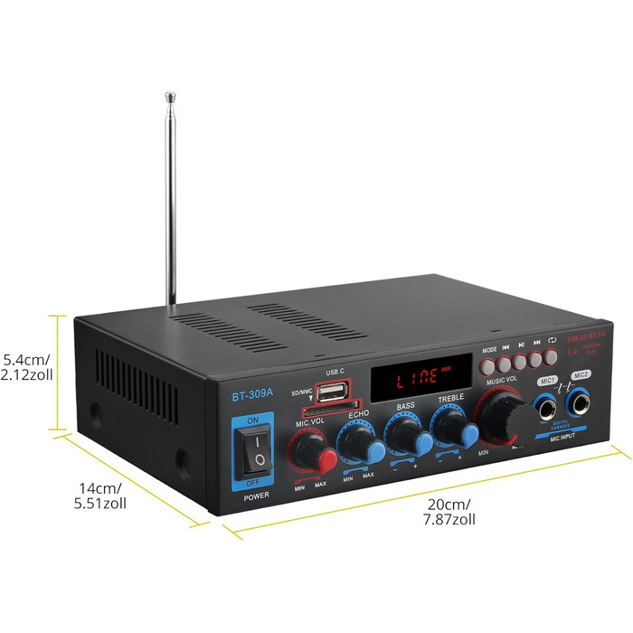Bluetooth підсилювач PROZOR HiFi Stereo 2-канальний 40Вт+40Вт, 12V/220V, для авто та дому, з FM-радіо, аудіо-ампліфікатор BT-309A