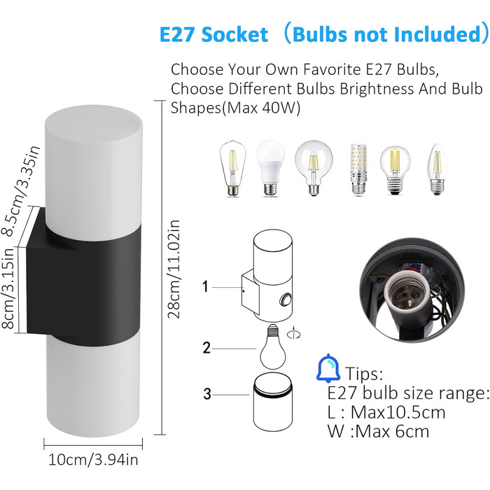 Klighten Wall Lights E27 Indoor/Outdoor 2-Light, Up and Down Outdoor Lamp Black, Outdoor Light Fixture, IP54 Outdoor Lamp, Aluminum Modern Outdoor Wall Light, Wall Lamp for Entrance, Terrace, without Bulb