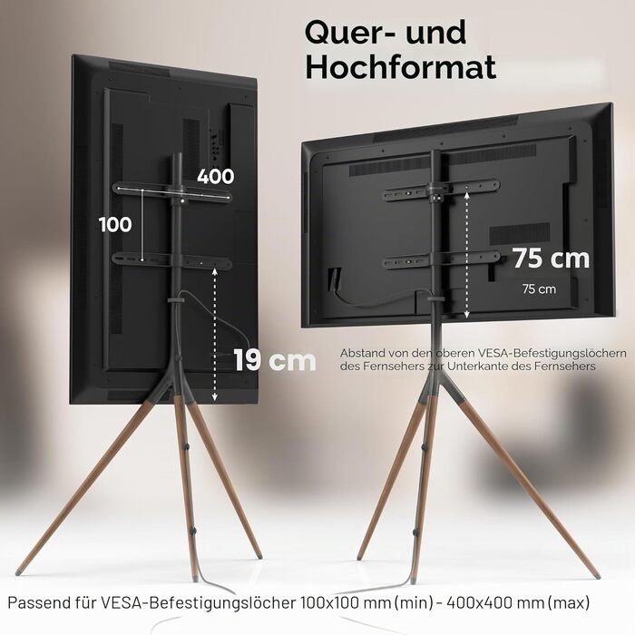 Тринога-підставка для телевізора ONKRON TS1220-B, 32-65 дюймів, до 35 кг, регульована за висотою, поворотна, VESA 100x100-400x400, дерев'яна стійка, чорна