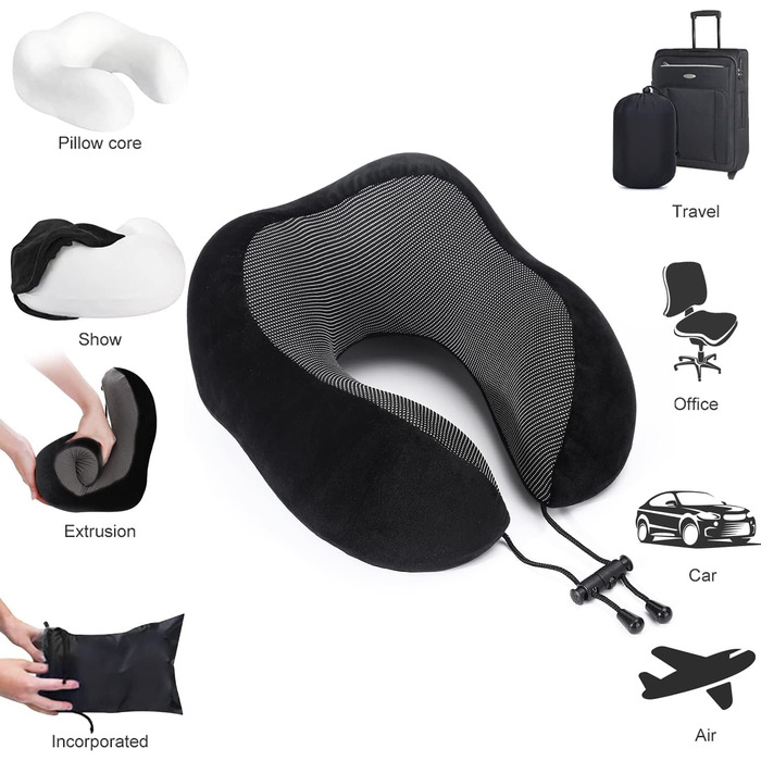 Подушка для шиї в літак, поїздки: Memory Foam, регульована, компактна, ергономічна, м'яка, дихаюча з навушниками, маскою для сну, чохлом (Чорний)