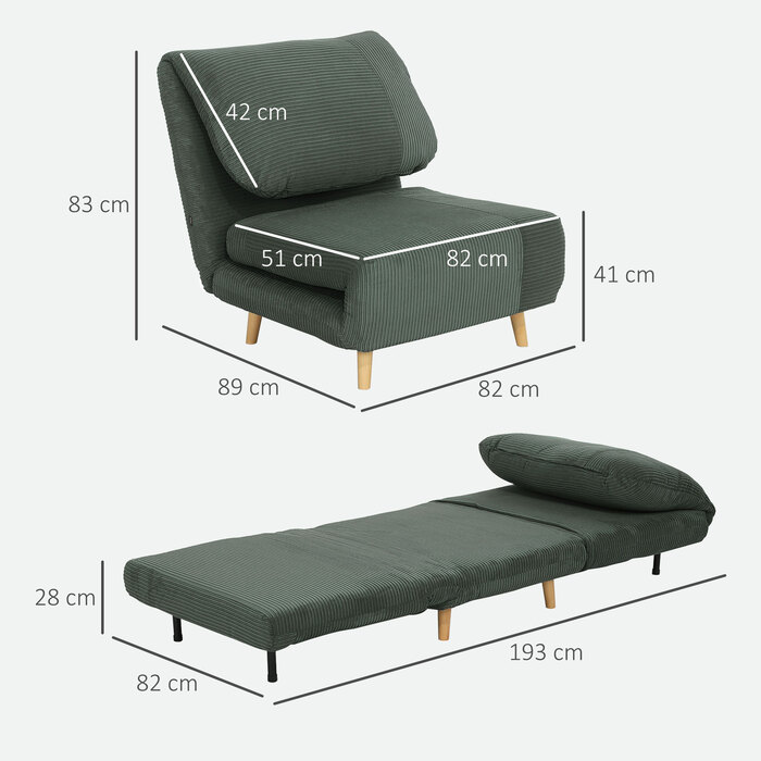 HOMCOM 2-in-1 Sleeper Sofa, Convertible Futon, Adjustable Folding Mattress Guest Bed with Corduroy Look, for Bedroom, Living Room, Green 82 x 89 x 83 cm | Aosom