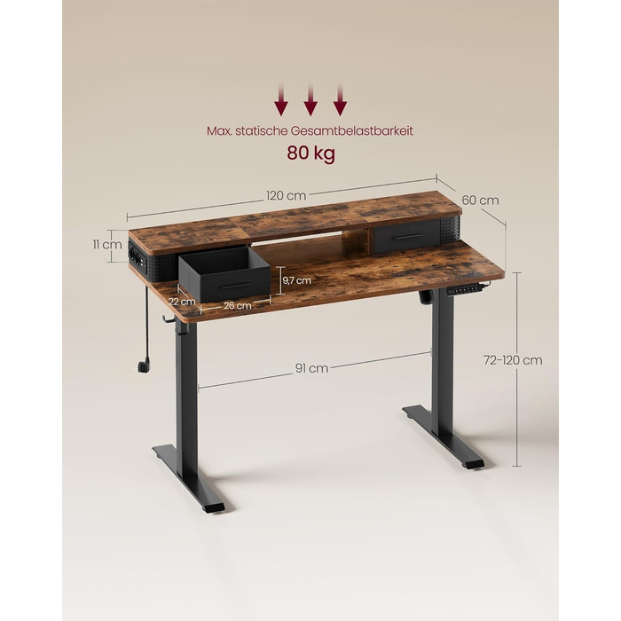 VASAGLE Electric Standing Desk - Adjustable Height, 140x60cm, with Monitor Stand, Power Strip, Hooks, Memory Function - Vintage Brown