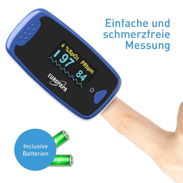 Пульсоксиметр EUROPAPA: вимірювання SpO2 та пульсу з OLED екраном (синій)