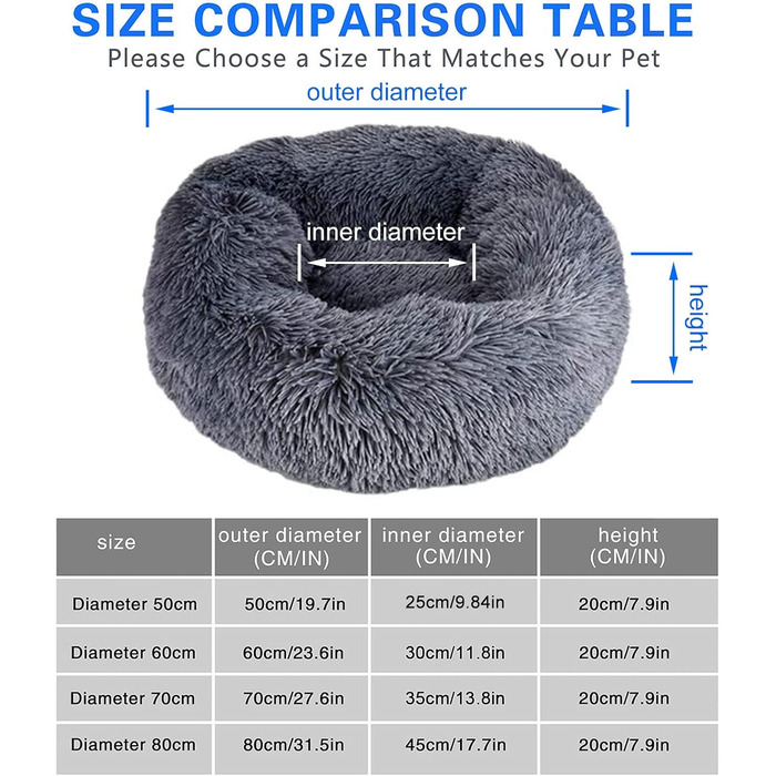 Кішечка Квіточка: М'яке кругле ліжко для котів та собак, 50 см, сірий колір