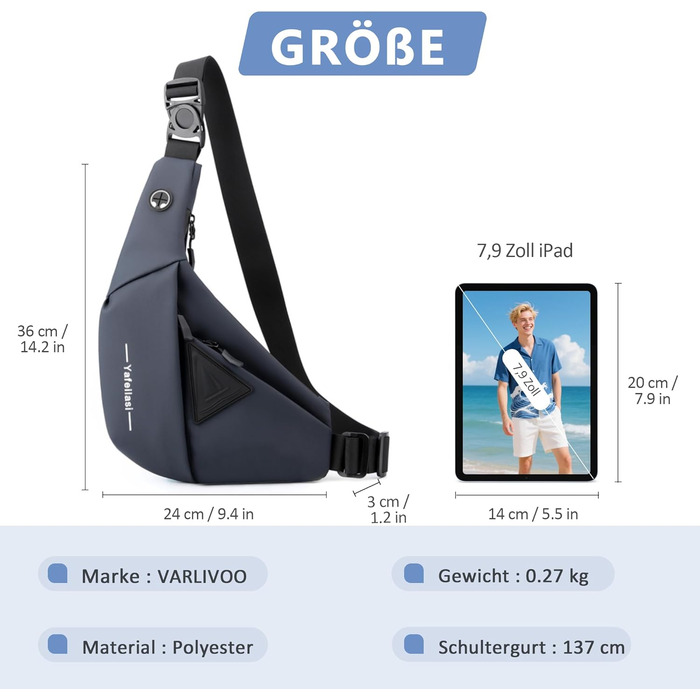 Чоловіча нагрудна сумка VARLIVOO Brusttasche - слинг-сумка, кросбоді, через плече, спортивна, для фітнесу, подорожей, кемпінгу, школи. Водонепроникний рюкзак з поліестеру, блакитний.