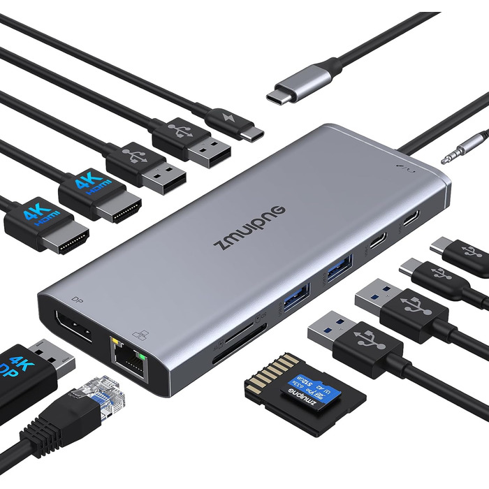 Док-станція USB-C для ноутбука 14-в-1: 2xHDMI 4K, DP, Ethernet, 4xUSB, 100W PD, SD/TF, Audio/Mic. Підтримка Dell, HP, Lenovo та інших ноутбуків.