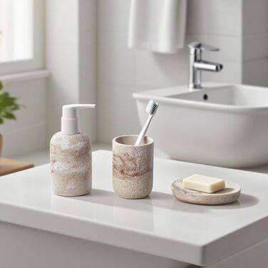 Набір для ванної кімнати 3 шт: дозатор для мила, мильниця та тримач для зубних щіток, білий, з високоякісного харчу, від виробника DREI