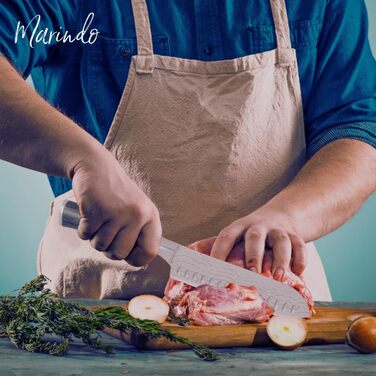 Японський ніж Santoku Marindo® з нержавіючої сталі 17,8 см | Ніж для кухні з дамаскною обробкою та стійкою дерев'яною ручкою | Універсальний японський ніж з подарунковою упаковкою | Гострий та нержавіючий