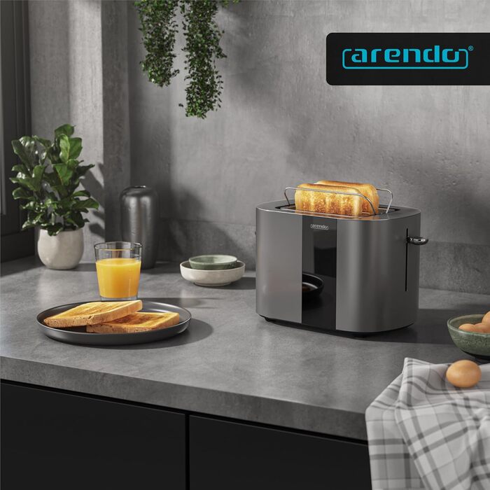 Тостер Arendo з нержавіючої сталі, 2 відділення, сенсорний екран, подвійні стінки, 800 Вт, підставка для тостів, 6 рівнів підсмажування, центрування хліба, індикатор часу, функція пам'яті (Колір: Cool Grey)