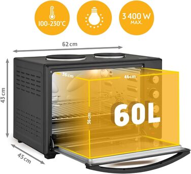 Міні-піч TZS First Austria 60L з плитами 3200 Вт - піч для піци з 6 режимами нагріву та 4 рівнями встановлення. Якісне обладнання з аксесуарами.