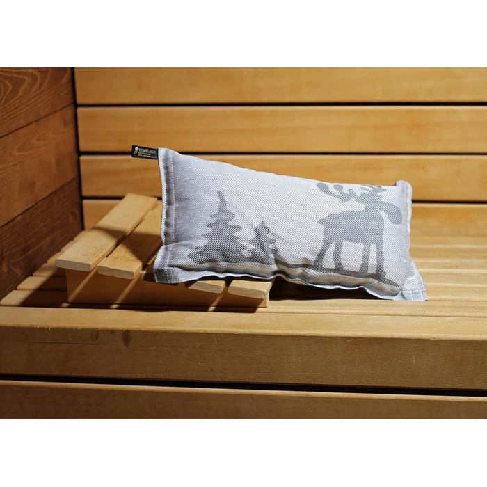 Подушка для сауни та подорожей Jokipiin Pellava, 40x22 см, льон/бавовна, сірий/білий, вироблено у Фінляндії, з оленем