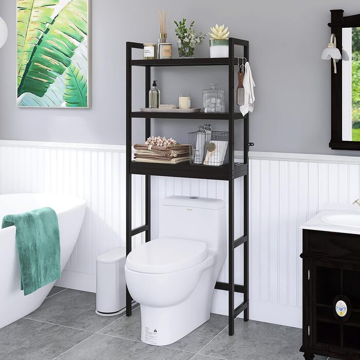 SMIBUY Toilet Shelf, Bamboo Toilet Rack, Adjustable Washing Machine Shelf, Bathroom Shelf with 3 Storage Layers, Space-Saving, Easy to Assemble (Black)